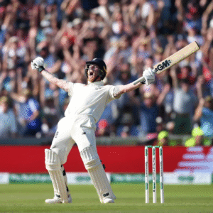 Ben Stokes celebrates after a famous one-wicket win over Australia.